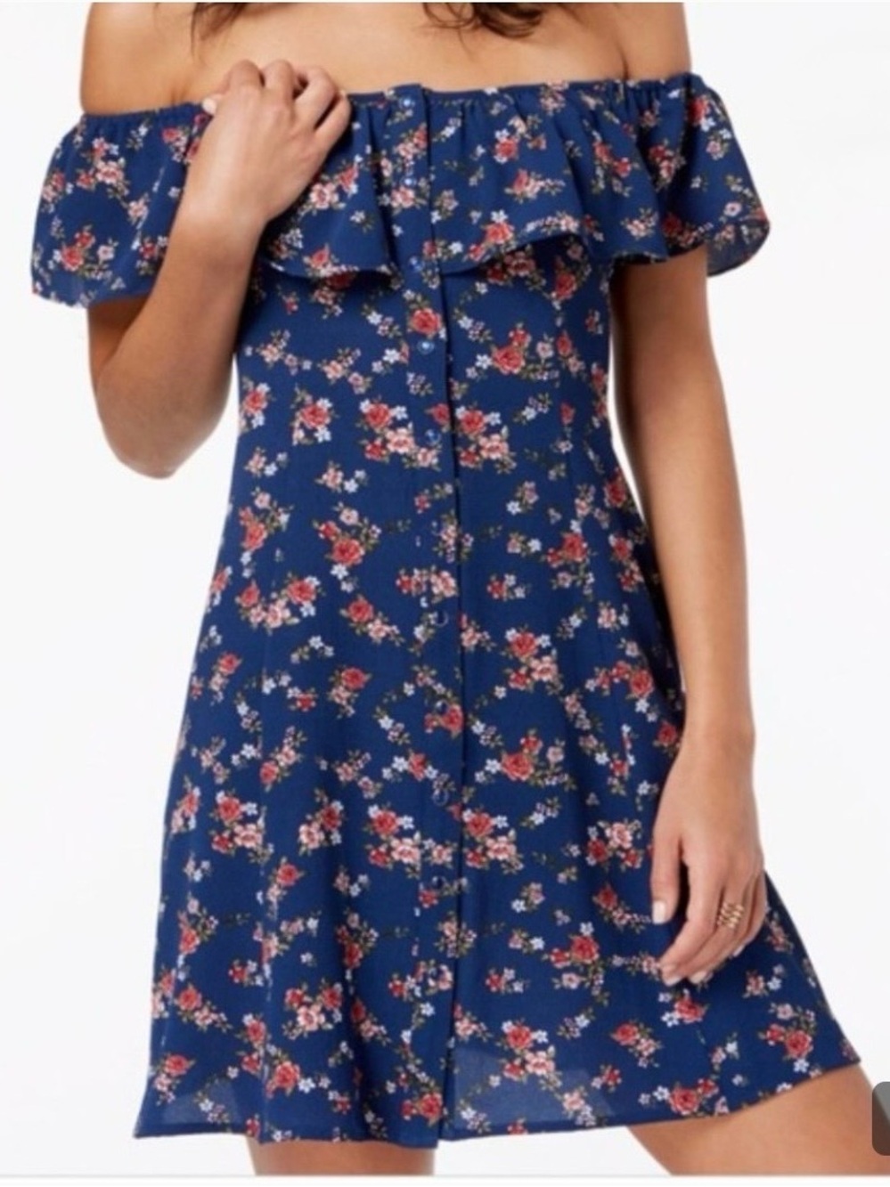 Bebop Blue Rose Floral Ruffle Neck Button Front Mini Dress Size M